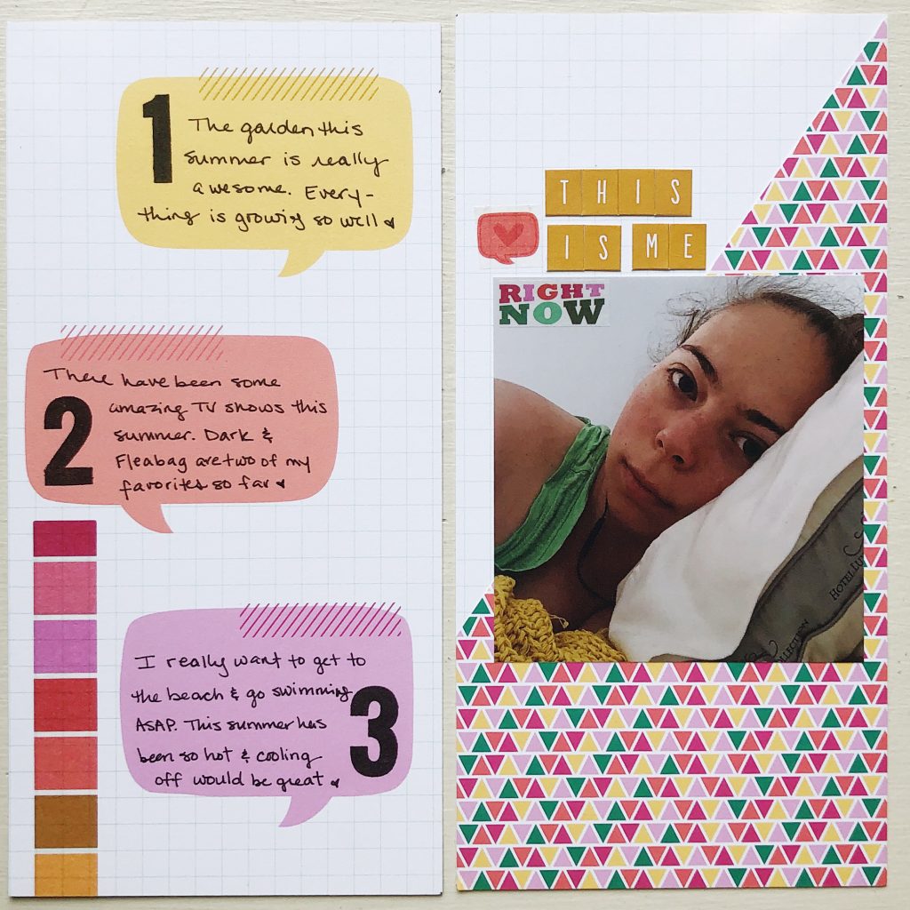 double page scrapbook layout with three speech bubbles on the left and an rukristin thursday3 selfie on the right